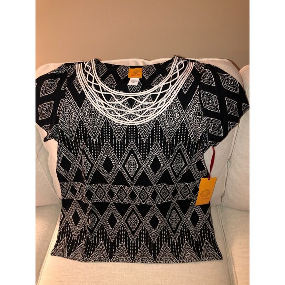 Ruby Road Ladies Black White Short Sleeve Geometric Knit Top Sz. M - Picture 4 of 6